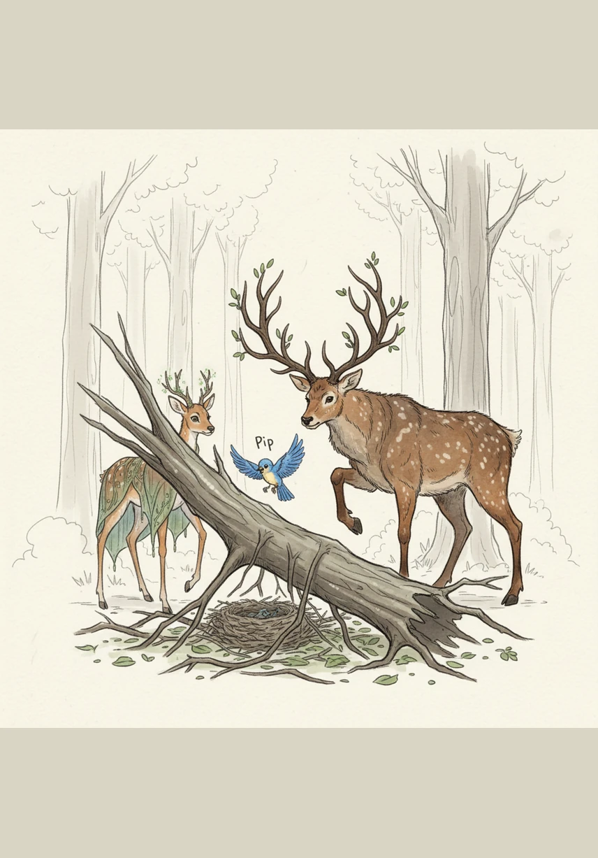 Just then, they heard a tiny, worried chirp coming from beneath the pile of fallen branches. A small bluebird was fluttering its wings, distressed because its nest had been caught under a heavy branch during the wind. Willow knew they had to help their tiny friend before they could even think about their own thirst.