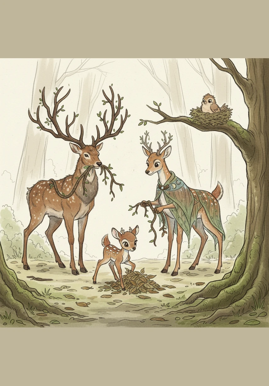 If we work together, we can move the smaller branches first, Willow suggested with a kind and encouraging smile. She showed Pip how to use his small hooves to clear away the leaves while she and Bramble pulled at the tangled vines. They moved slowly and carefully, making sure not to disturb the little bird's home any further.