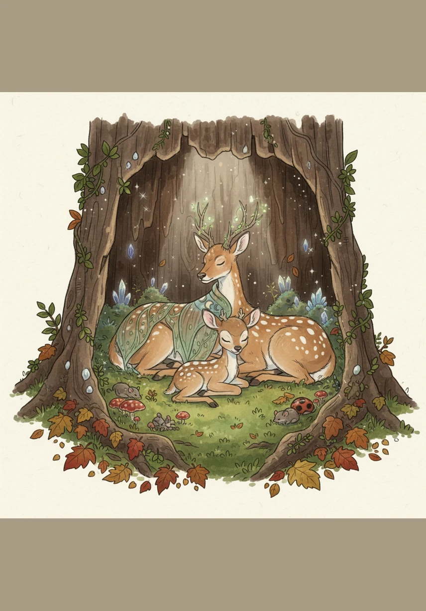 As the silver moon rose over the mountains, the deer curled up together in a cozy patch of soft green moss. They felt warm and happy, knowing that friendship and teamwork could solve any problem the forest might bring. Under the watchful stars, the Emerald Forest fell into a peaceful, magical sleep.