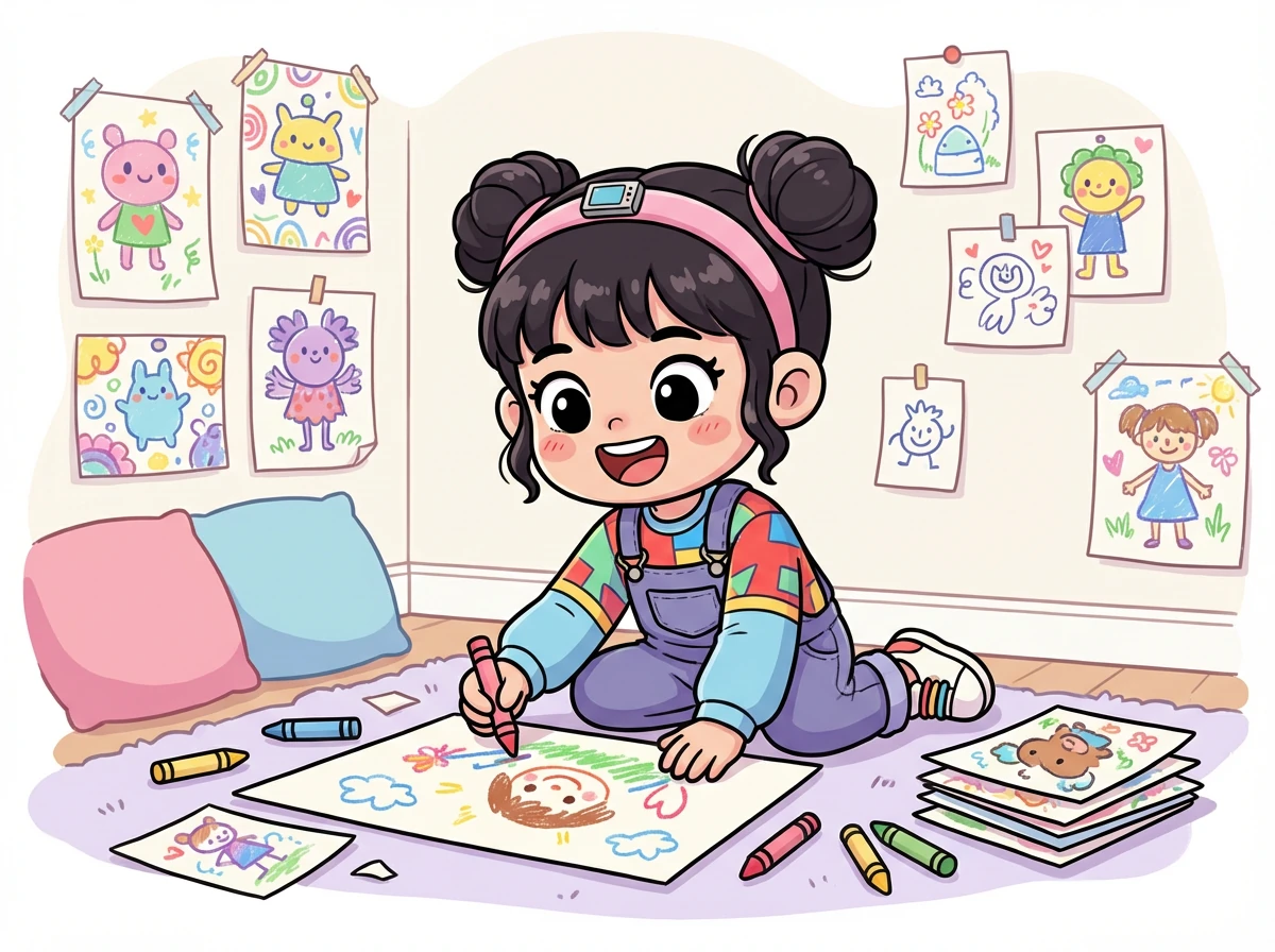 艾米喜欢用蜡笔和纸画画。 她喜欢创造色彩鲜艳的角色和有趣的设计，她的房间总是充满了艺术品。