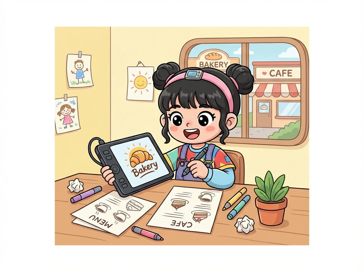 艾米开始为当地企业做一些小型设计项目。 她为一家面包店设计了一个标志，并为一家咖啡馆设计了一个菜单。