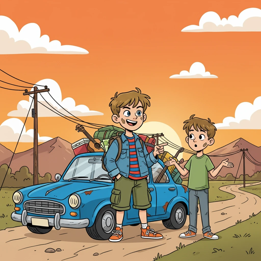 Tschick grinste breit und deutete auf den klapprigen Wagen. "Na, Bock auf einen Roadtrip?" Maik, überrascht, nickte zögerlich. Die Idee, einfach abzuhauen, klang plötzlich verlockend. Sie packten ein paar Sachen und fuhren los, ohne Ziel, nur der Freiheit entgegen.