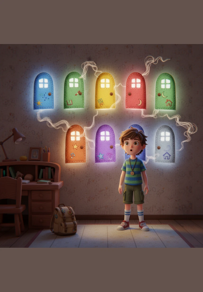 Ben stood in his room, eyes wide with wonder as seven glowing, stitched-fabric doors appeared on his wall. A soft, rustling voice whispered that each door was a portal to a special day of the week waiting to be explored.