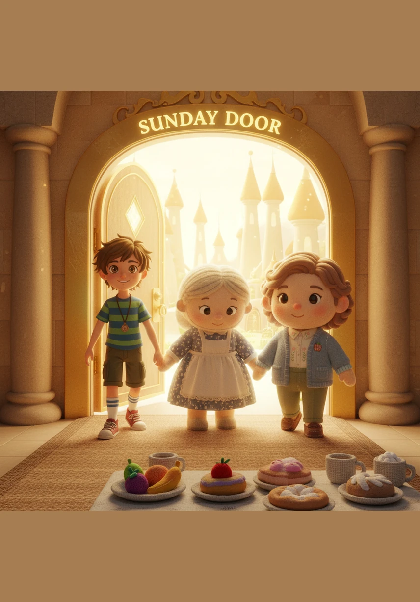 Ben stepped through the Sunday door into a world of soft golden light and tall, elegant spires. He walked hand-in-hand with his family, feeling the warmth of their love as they shared a peaceful morning together and ate a delicious meal.