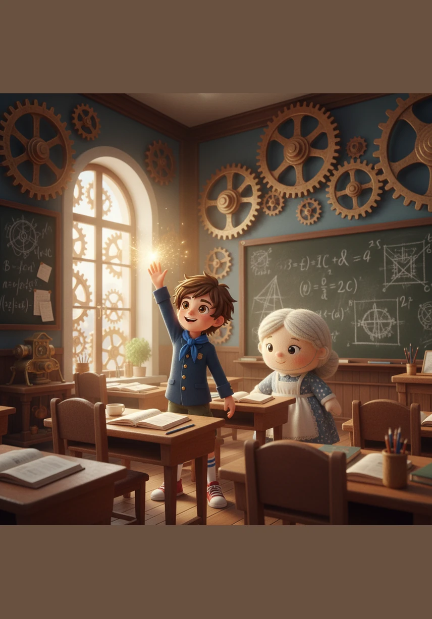 The Monday door led Ben to a grand classroom filled with gears and chalkboards where he wore a crisp new uniform. Though the lessons were challenging at first, he raised his hand high and felt a spark of excitement as he learned something new.