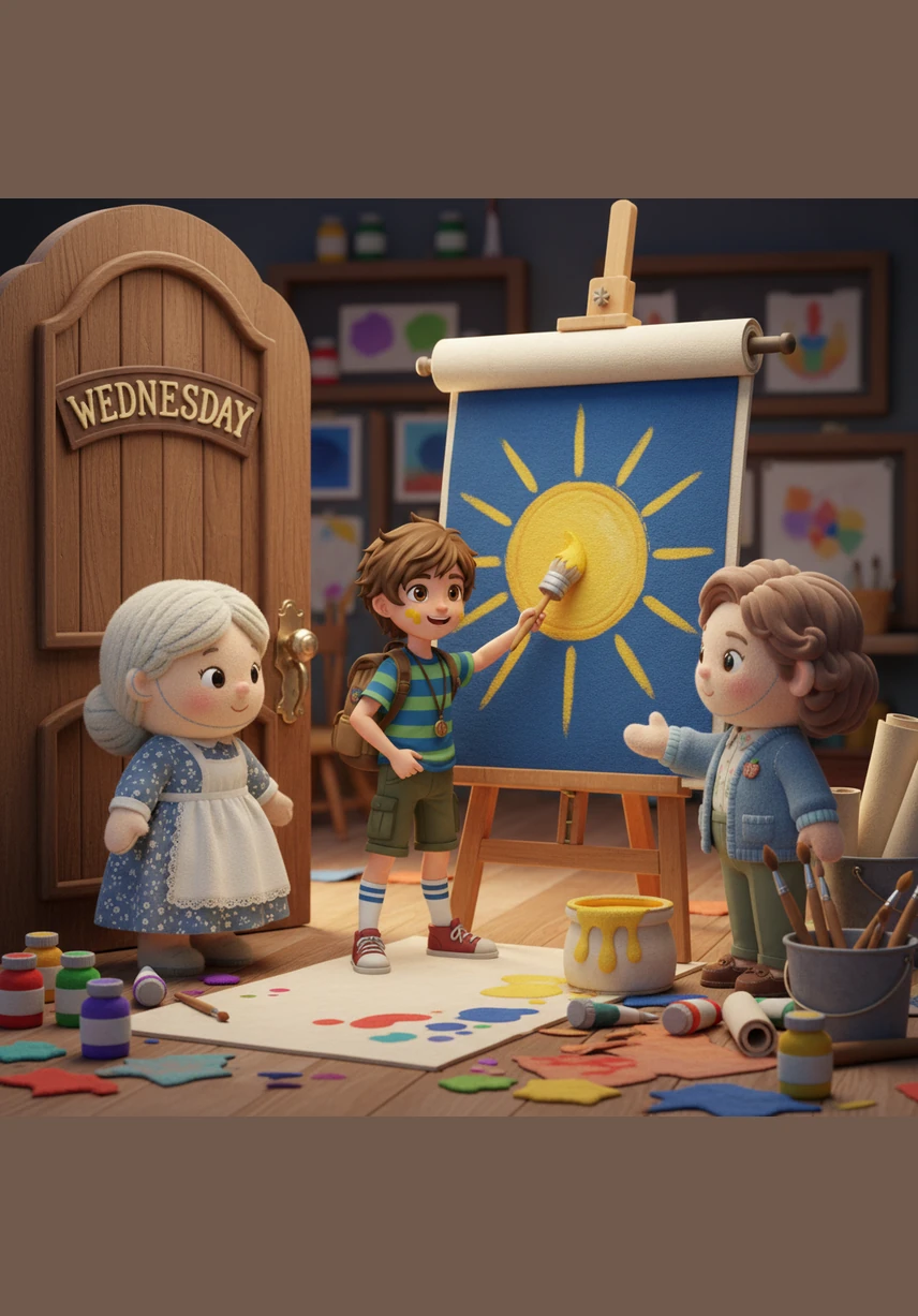 The Wednesday door opened to a studio filled with vibrant pigments, oversized brushes, and rolls of textured paper. Ben painted a brilliant yellow sun against a deep blue sky, smiling even when he splashed a little paint outside the lines.
