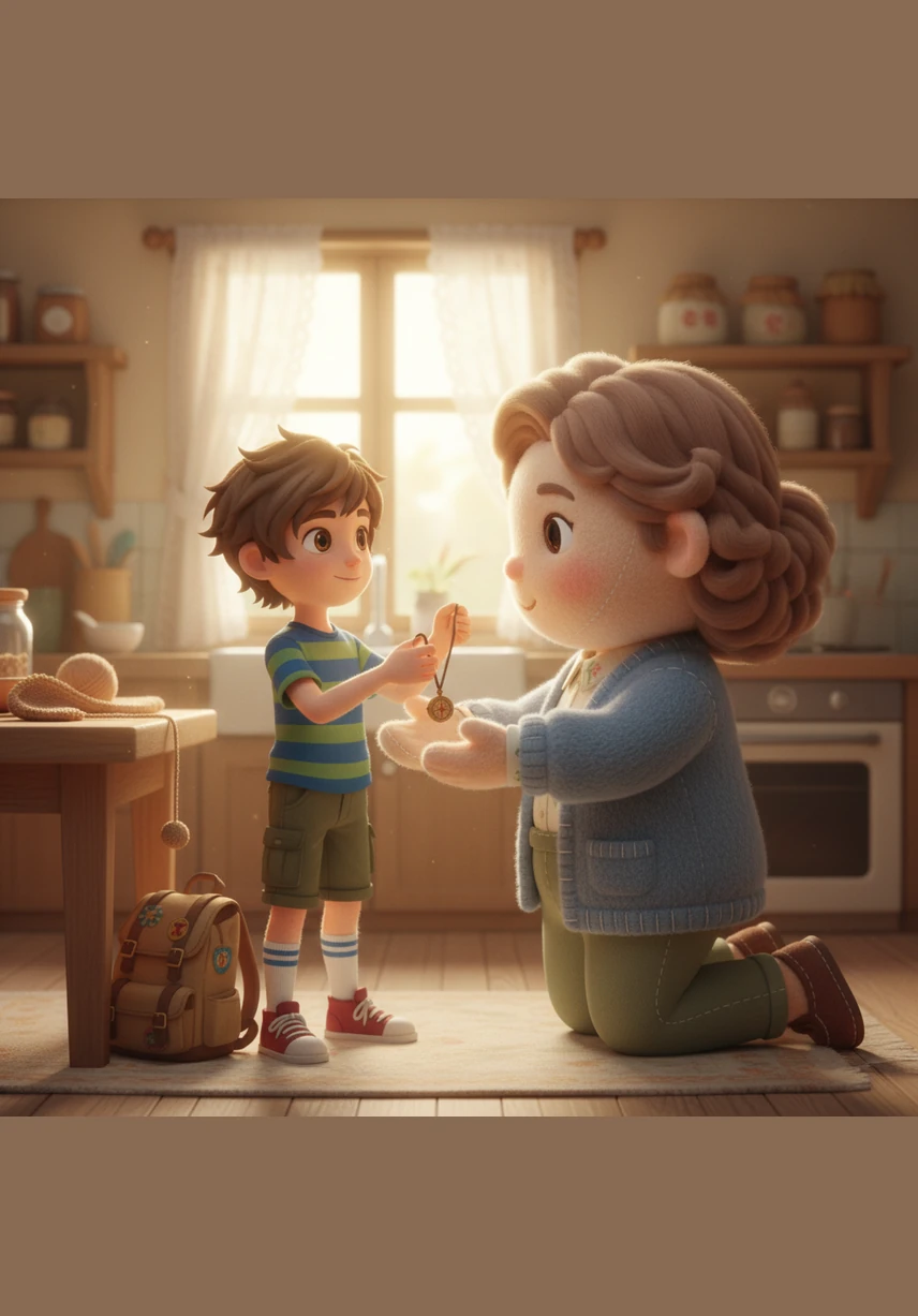 Through the Saturday door, Ben returned to a cozy kitchen where his mother was busy tidying up. He eagerly picked up his toys and helped sweep the floor, earning a warm hug that made him feel incredibly proud of his hard work.