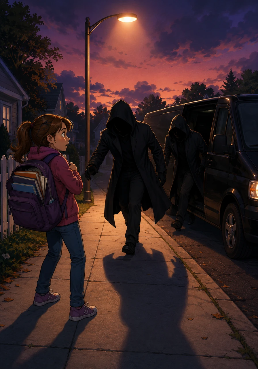 Emma was walking home from the local library, her backpack full of mystery novels, when a strange black van pulled up beside the quiet sidewalk. Before she could react, two cloaked figures stepped out and hurried toward her, casting long shadows under the dimming streetlights.