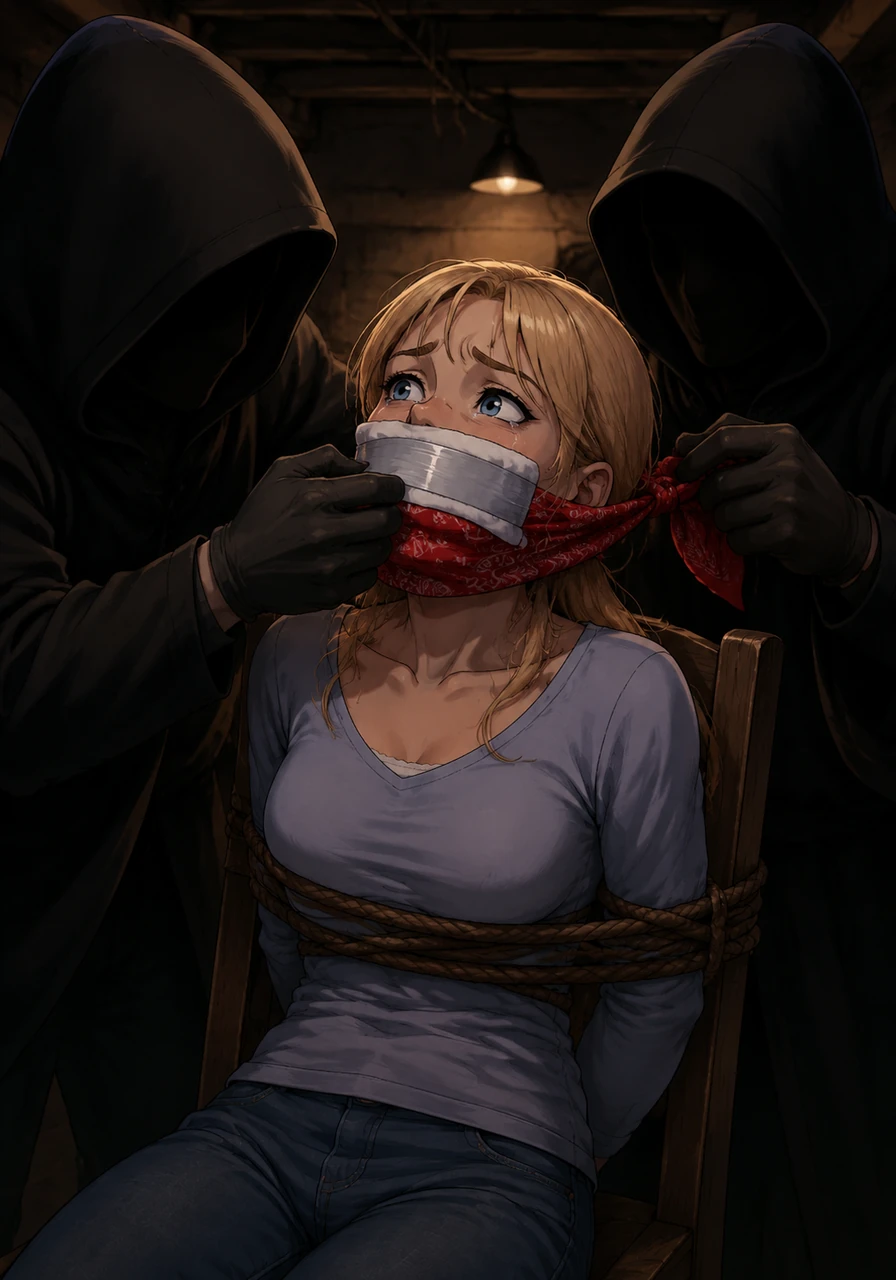 To ensure she couldn't call for help, the figures wrapped a soft cloth over her mouth, followed by a thick layer of medical tape and a bright red bandana. Emma blinked back her fears, refusing to let them see her cry as the multiple layers secured the gag tightly.