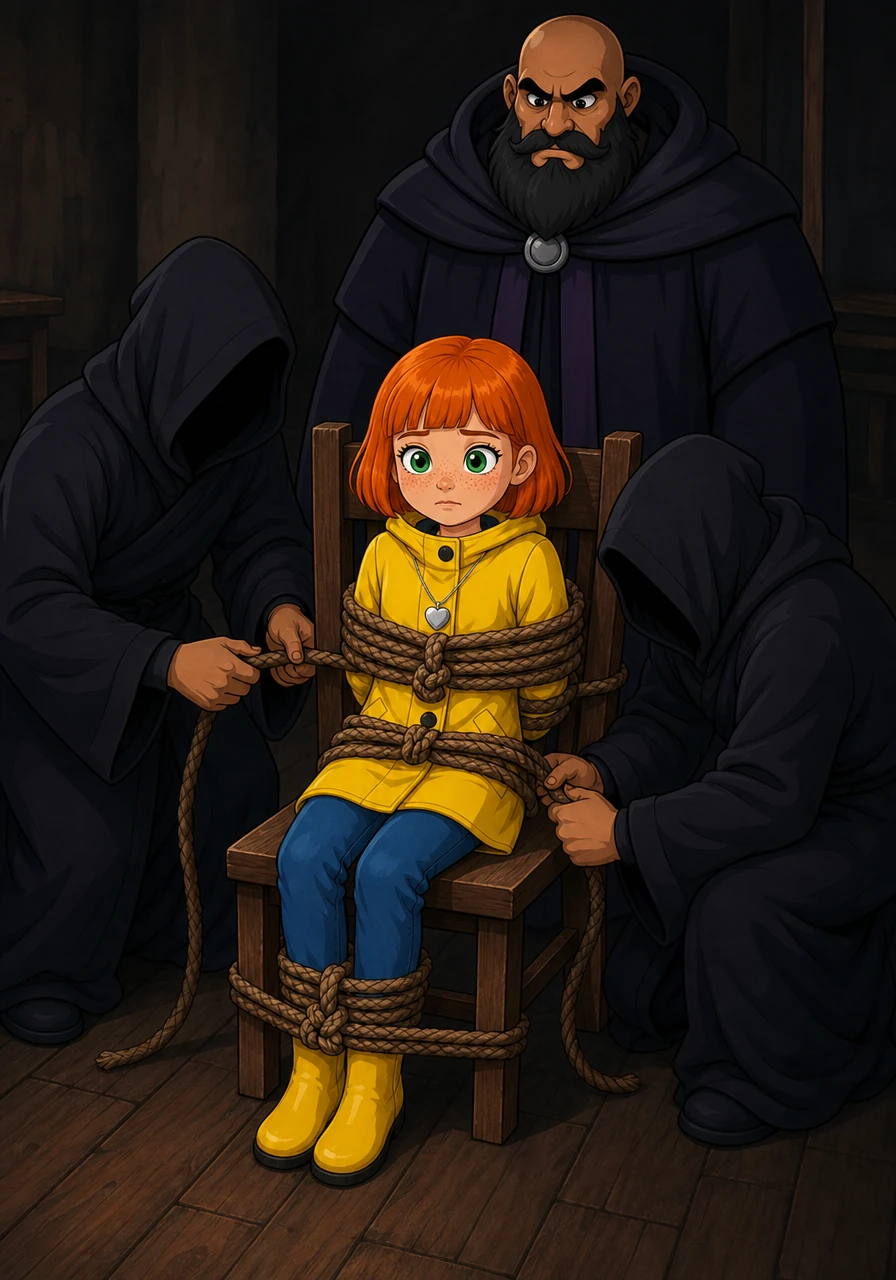 The heavy ropes came next, binding her arms securely to the back of the sturdy wooden chair. They wrapped the thick cords around her waist and ankles, tying intricate knots that made it impossible for her to shift or wiggle free.
