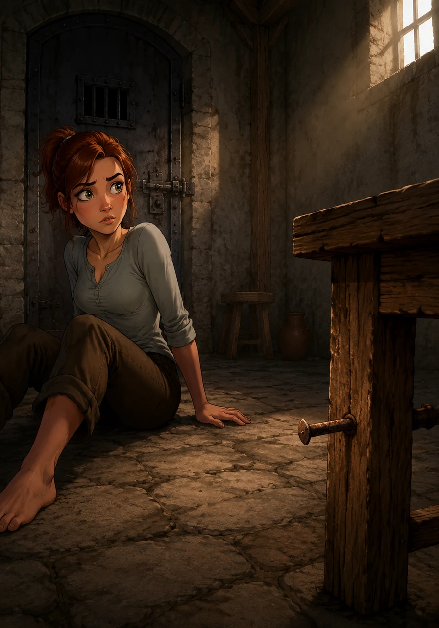 Once the captors left the room and locked the heavy iron door, Emma took a deep breath through her nose and began to survey her surroundings. Her eyes locked onto a sharp, rusted nail protruding from the leg of a nearby workbench just a few feet away.