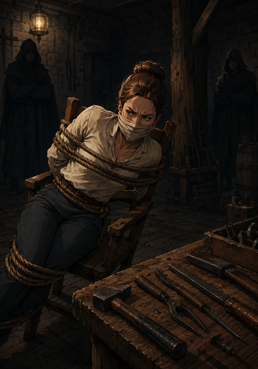 Using every ounce of her strength, Emma began to rock her chair side to side, inching herself painfully closer to the workbench. The tight bun on her head held fast, and the heavy layers over her mouth muffled her determined gasps as she strained against the ropes.
