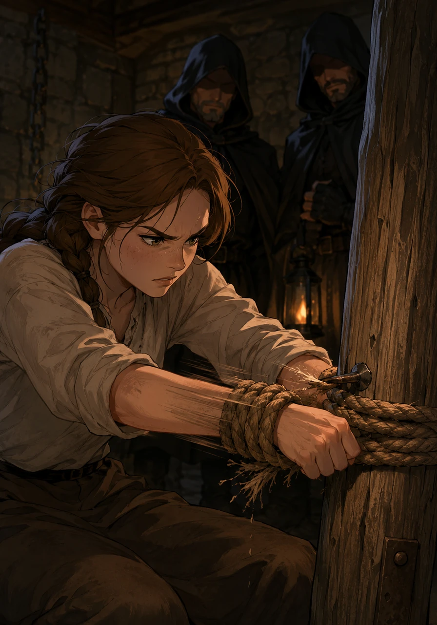 After several tense minutes, she successfully positioned her wrists right against the sharp edge of the rusted nail. She began to saw the thick ropes up and down against the metal, feeling the fibers slowly start to fray and give way.