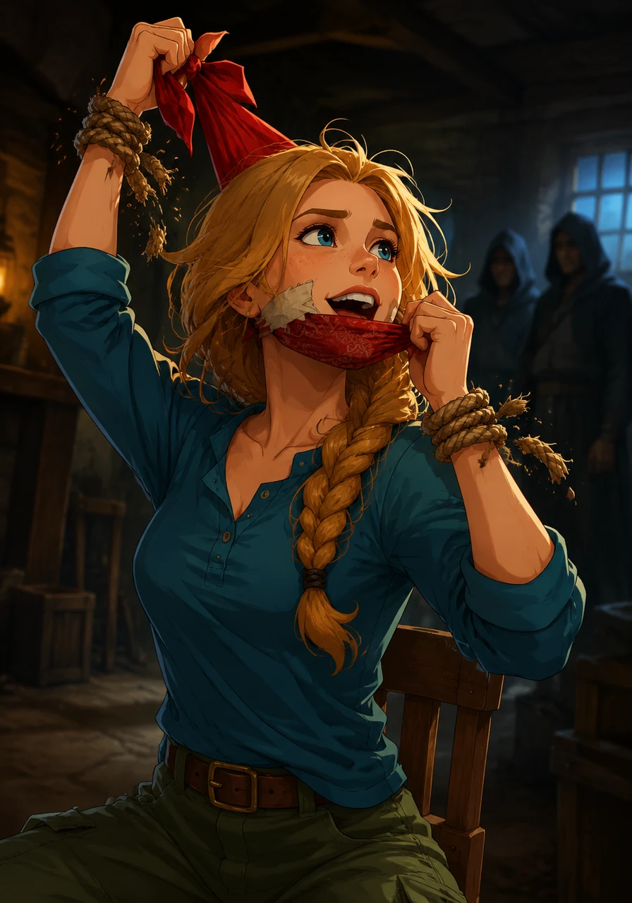 With a final, powerful snap, the ropes around her wrists broke apart, freeing her hands. She quickly reached up, unknotting the red bandana, tearing off the tape, and pulling away the cloth to finally take a deep, clear breath.