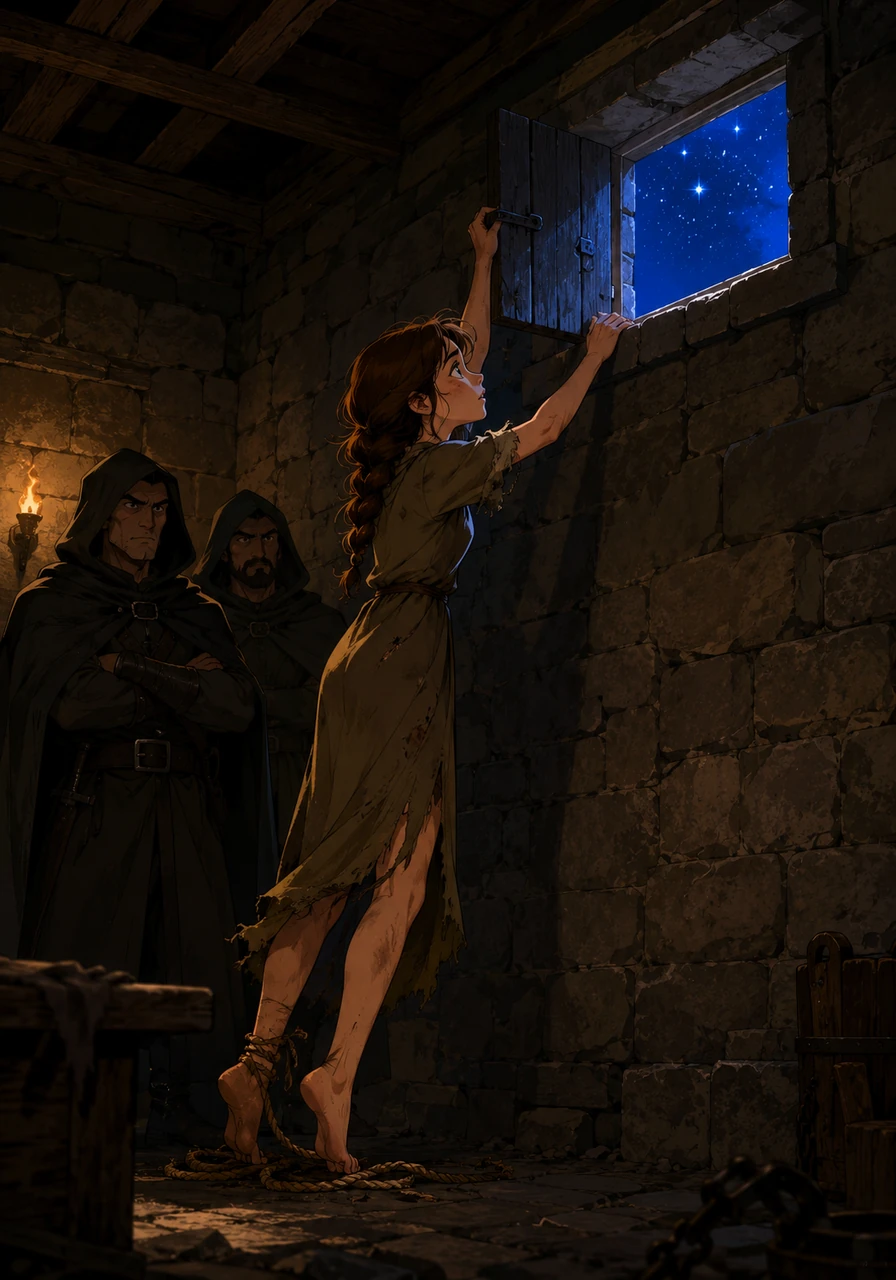 Emma swiftly untied the remaining ropes around her ankles and stood up, her legs shaking slightly but her resolve stronger than ever. She crept over to a small, dusty window near the ceiling, found a loose latch, and carefully pushed it open to reveal the bright starry night outside.