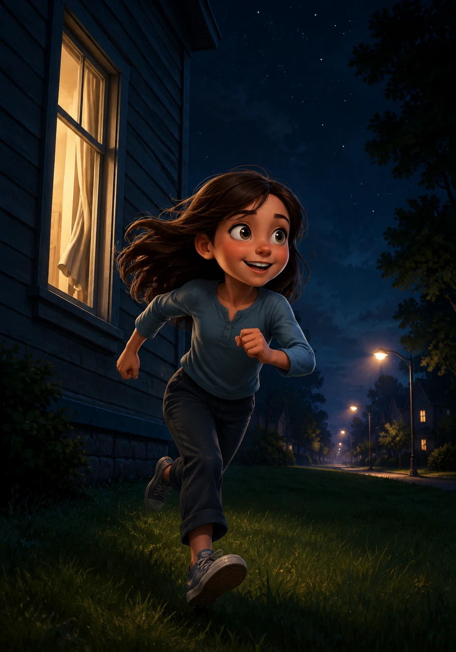 Squeezing through the narrow window, Emma dropped softly onto the cool grass outside and sprinted toward the distant, glowing streetlights of her neighborhood. She smiled as she ran, knowing her quick thinking and bravery had brought her safely back to freedom.