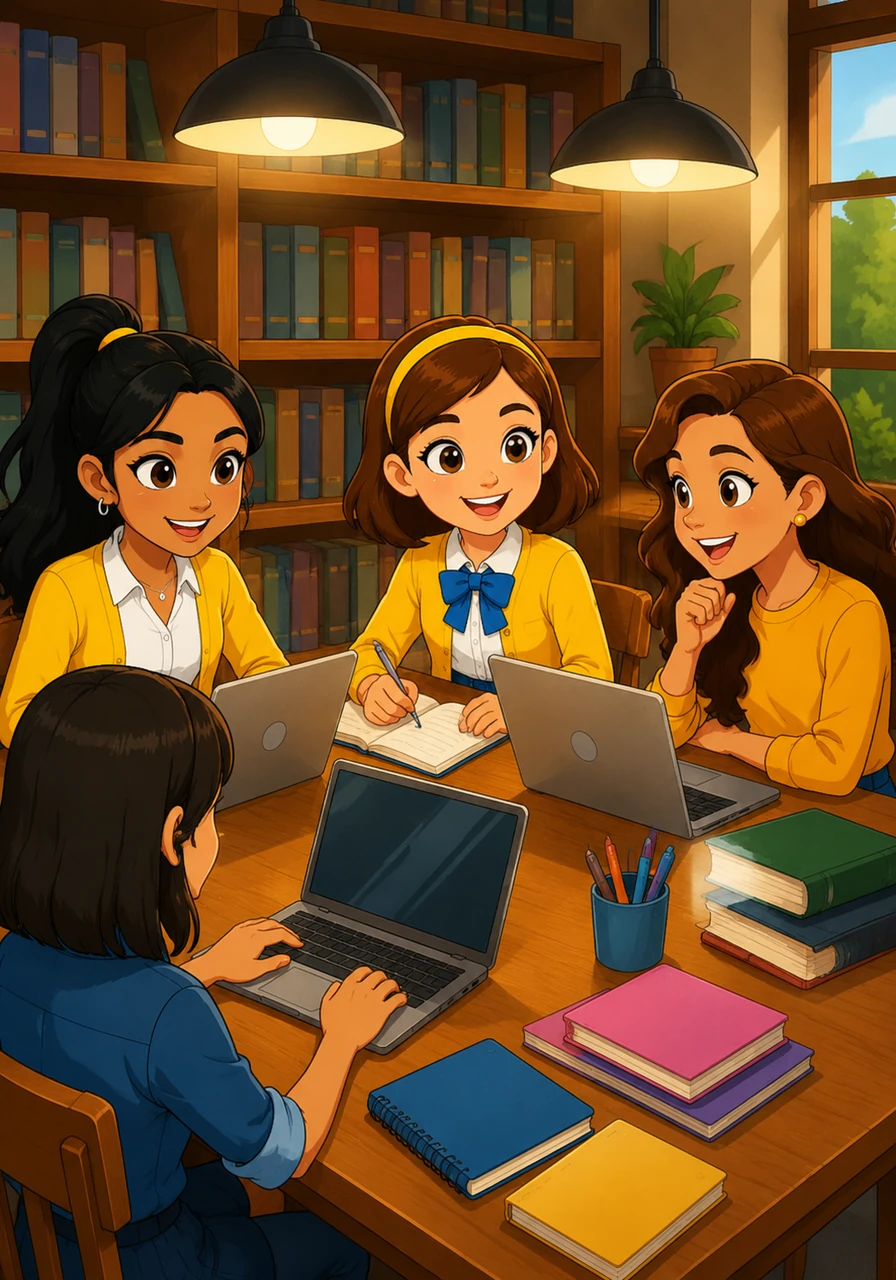 Maya, Chloe, Sarah, and Elena gather around a wooden library table covered in sleek laptops and colorful notebooks. The warm glow of the overhead lamps creates a focused and cozy atmosphere as they begin their study session.