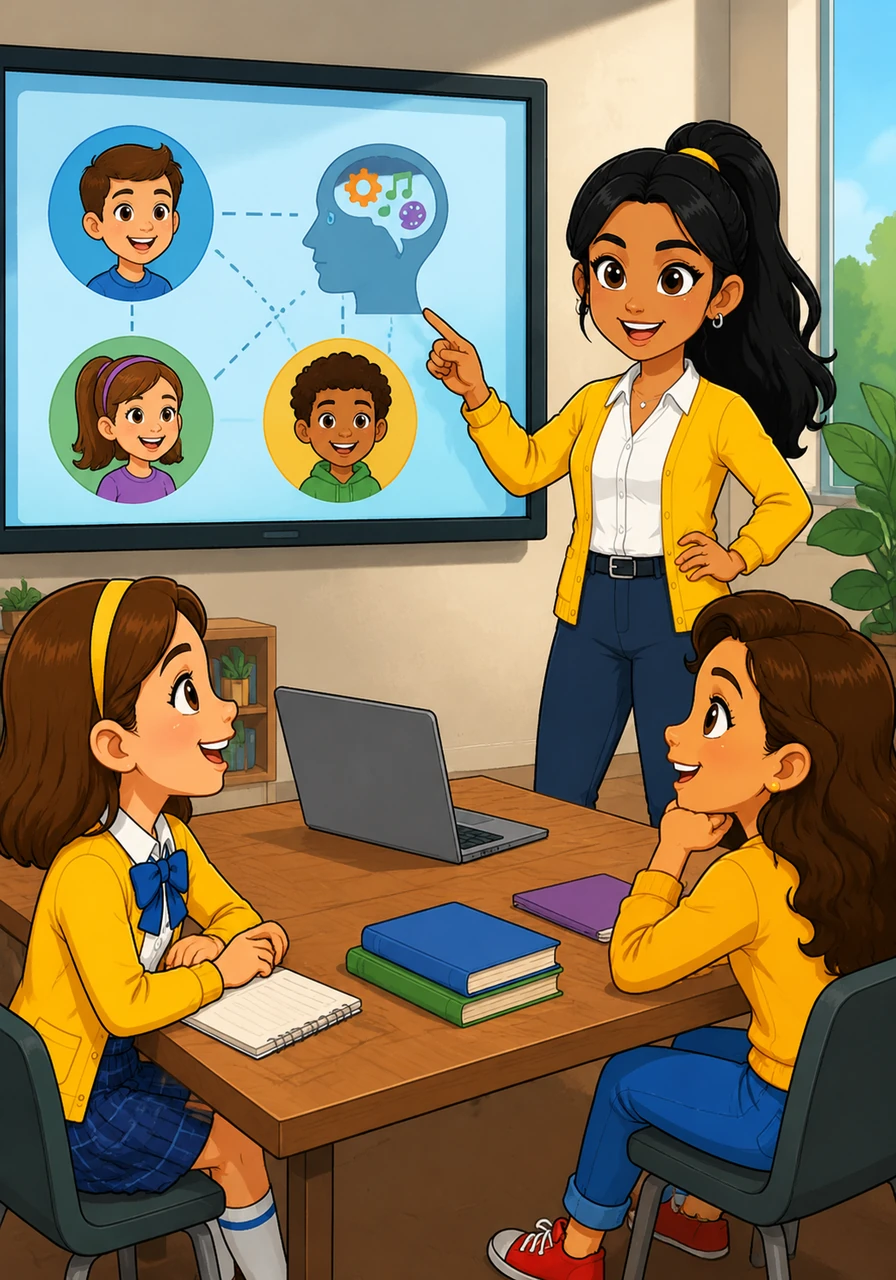 Maya points to her screen, explaining that the 'A' in ASSURE stands for Analyzing Learners, the crucial first step. She describes how understanding a student's prior knowledge and unique learning style forms the foundation of any effective lesson.