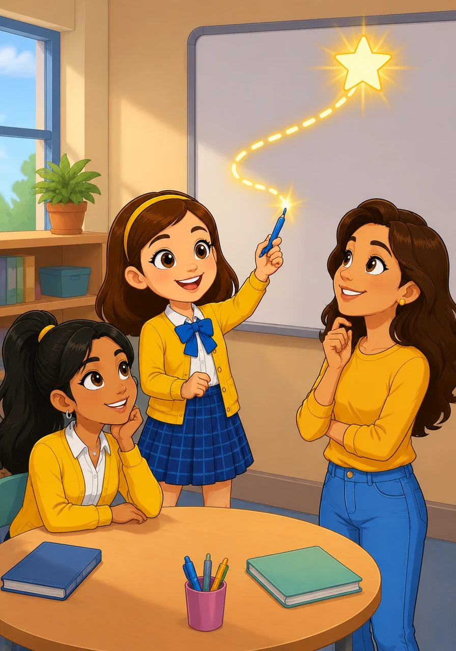 Chloe chimes in to explain that the first 'S' represents Stating Objectives, which acts like a North Star for both teacher and student. She uses her pen to trace a path in the air, illustrating how clear goals help everyone stay on track.