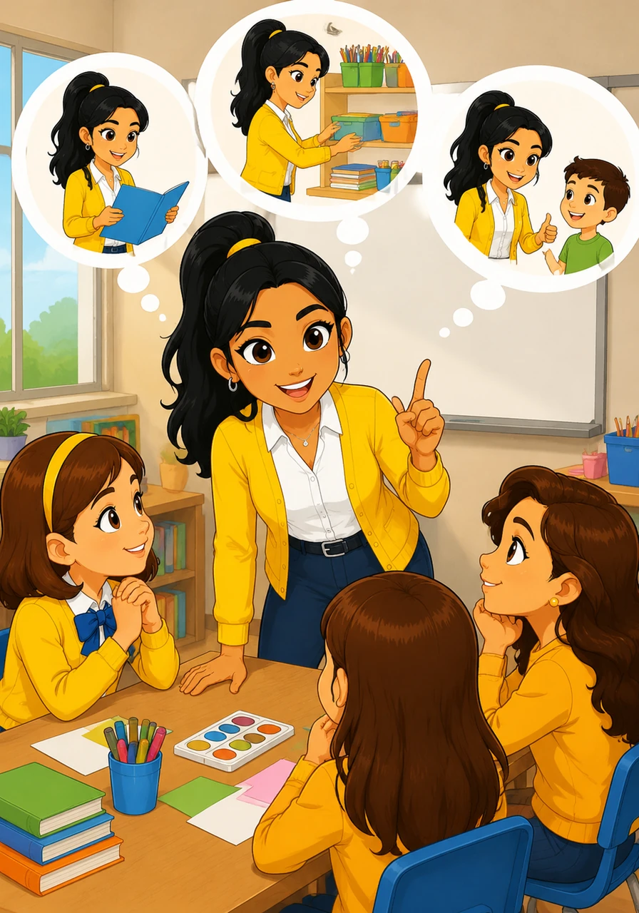 Elena leans forward to describe the 'U' for Utilizing Media and Materials, emphasizing the importance of the Five Ps. She lists them off with a smile: previewing the materials, preparing the environment, and ensuring the learners are ready for the experience.