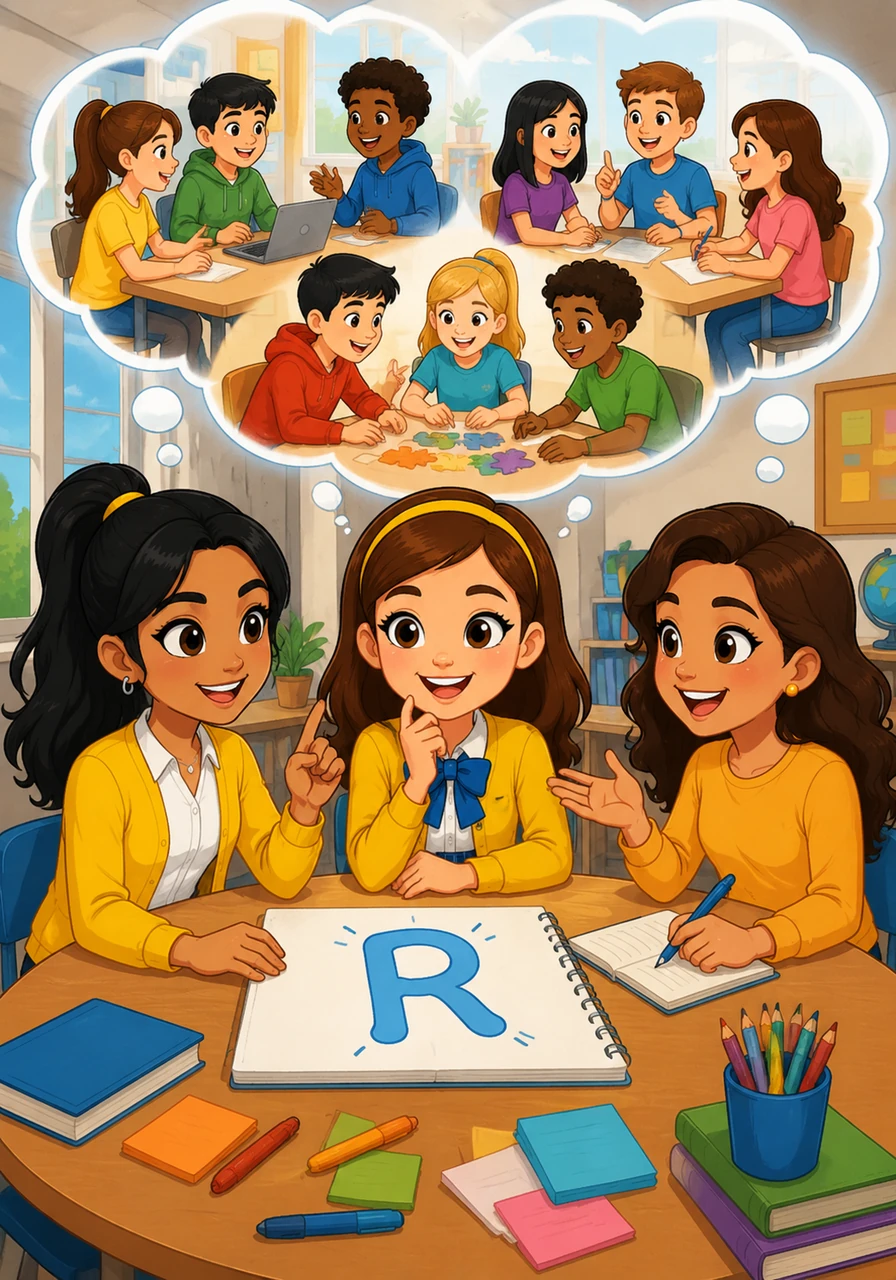 The friends brainstorm the 'R', which stands for Requiring Learner Participation, realizing that true learning happens through active engagement. They imagine students working in groups, debating ideas, and solving problems together rather than just listening.