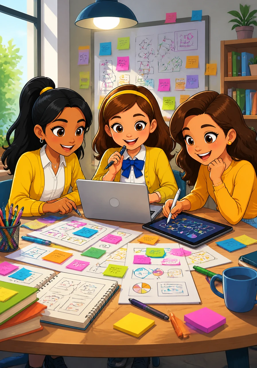 The girls begin drafting their final project, feeling empowered by their collective understanding and the strength of their teamwork. The table is now a vibrant landscape of sticky notes, sketches, and digital diagrams representing their new knowledge.