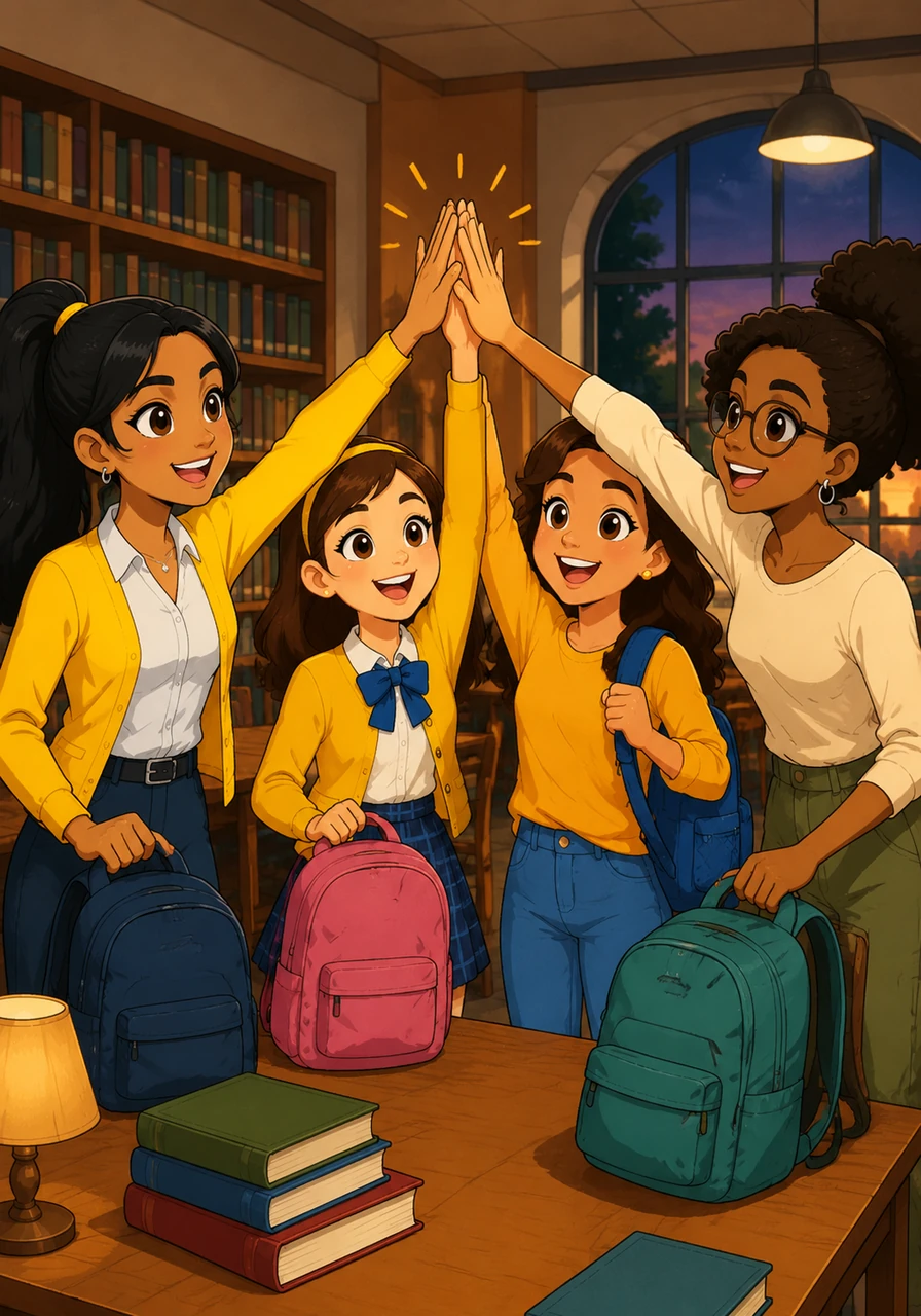 As the library prepares to close, the four friends share a triumphant high-five, confident in their mastery of the ASSURE model. They pack their bags with a sense of accomplishment, ready to apply these lessons to their future careers in education.