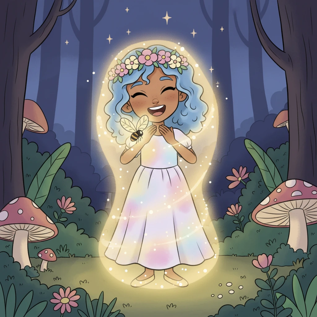 The firefly's light grew, enveloping Lumi in a soft, shimmering cocoon of warmth. She felt a tickle, a giggle bubbling up from deep inside her, as if forgotten colors were blooming within her heart. Her muted clothes began to subtly shift, taking on faint hues.