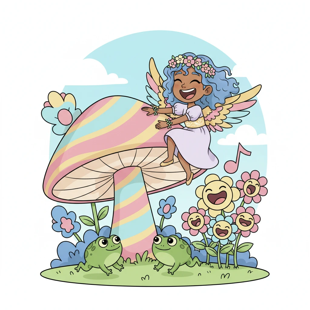 Lumi spent the day exploring, her new energy bubbling with every step. She climbed giant, candy-striped mushrooms, raced friendly hopping frogs, and even taught a chorus of singing flowers a new tune. Her laughter echoed through the vibrant landscape.