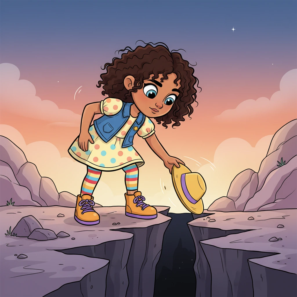 As evening approached, a gentle breeze swept her hat away, sending it tumbling towards a deep, shadowy crevice. Lumi hesitated for a moment, but then, remembering her newfound brightness, she bravely skipped to the edge, reaching carefully for her hat.