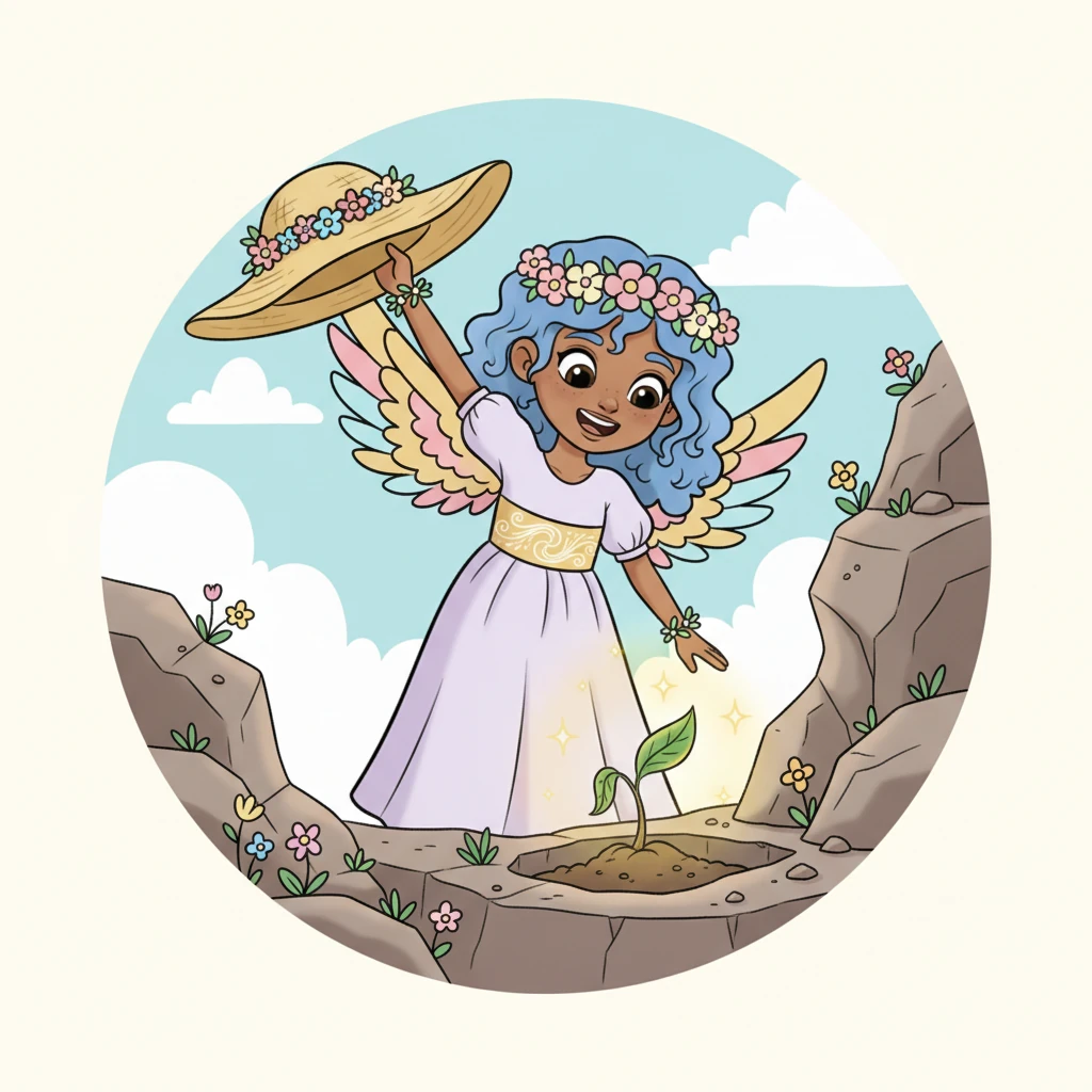 With a joyful stretch, she retrieved her hat and then noticed a tiny, wilted sprout at the crevice's bottom. Gently, she cupped her hands around it, and a tiny spark of her inner light flowed, making the sprout glow and unfurl a vibrant, new leaf.