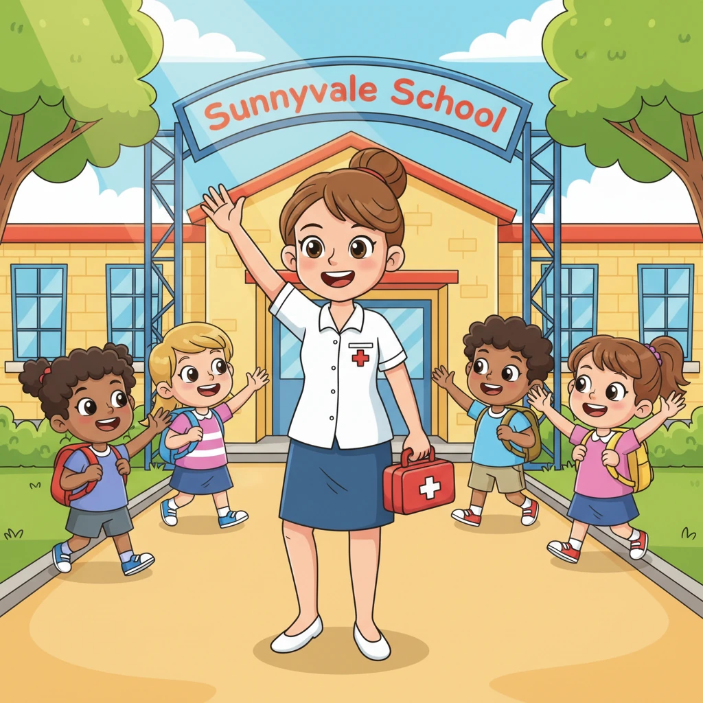 Nurse Lily, with her bright red cross badge and a warm smile, stands at the sunny entrance of Sunnyvale School. She waves cheerfully to a stream of giggling children, ready for another day of keeping everyone happy and healthy. Her friendly presence makes every morning feel safe and welcoming.