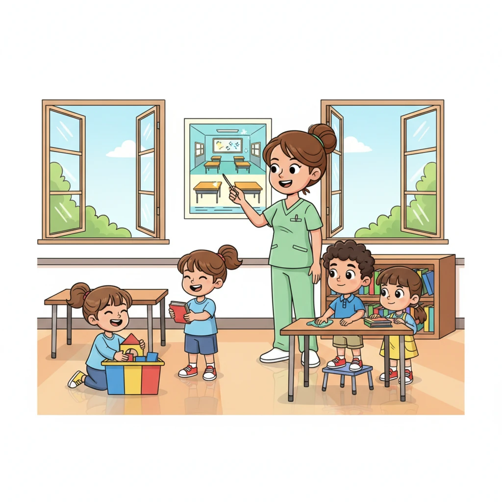 Inside a sparkling classroom, Nurse Lily points to a colorful chart showing clean desks and open windows. A group of children eagerly helps tidy up, putting toys in bins and wiping tables, making their learning space bright and fresh. Everyone knows a clean room helps them think clearly and feel good.