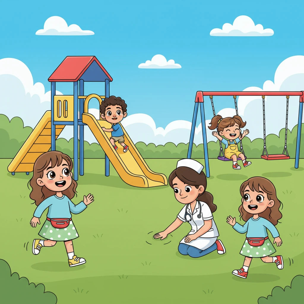 On the vibrant green playground, Nurse Lily watches as children climb a sturdy, brightly painted slide and swing on safe, soft swings. She checks the ground for any bumps, ensuring every corner of their outdoor play area is perfect for fun and games. Laughter fills the air as kids run and jump without a worry.