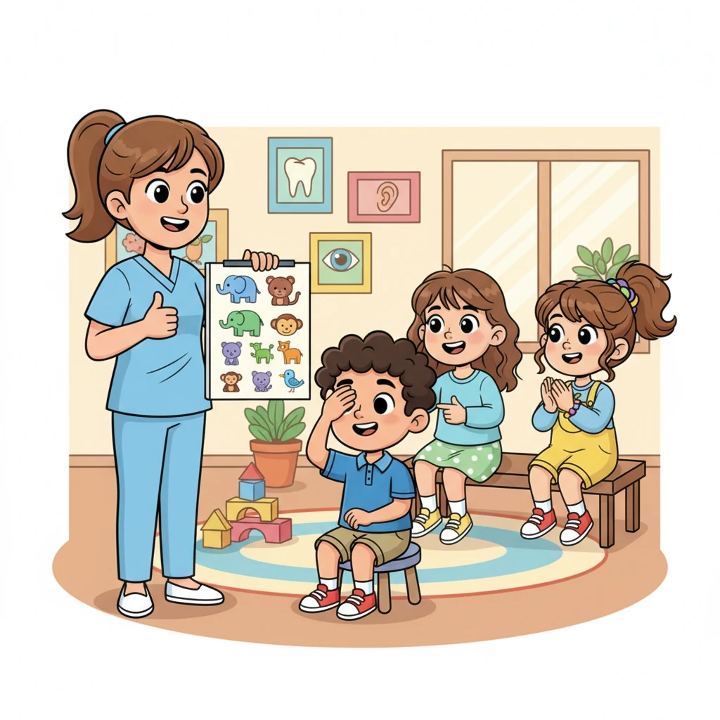 In her cozy office, Nurse Lily gently checks a child's vision with a fun eye chart filled with animal shapes. Other children wait excitedly for their turn, knowing that these friendly check-ups for their eyes, ears, and teeth help them learn and play their best. She gives a thumbs-up after each successful check.