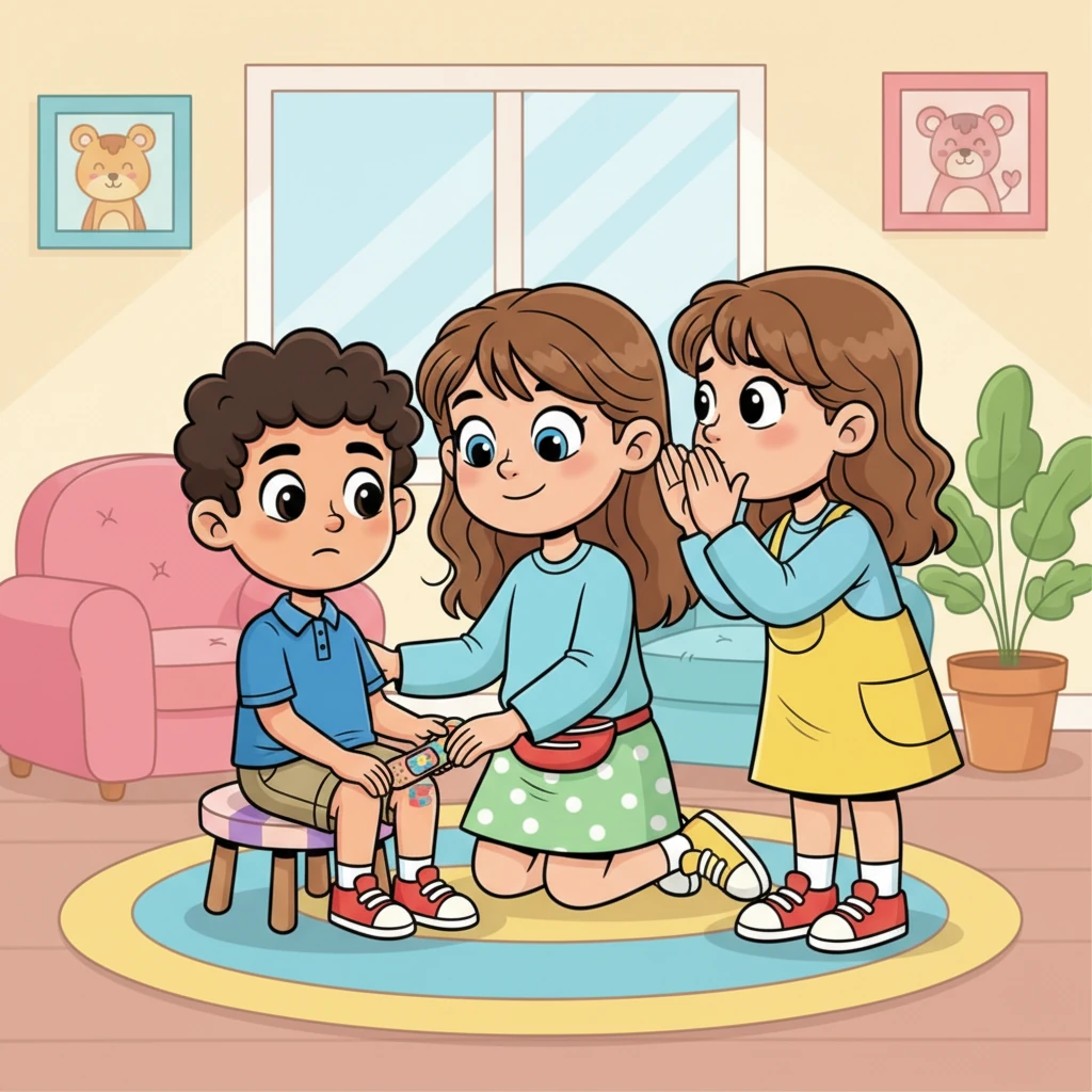 A little boy with a tiny scrape on his knee sits on a colorful stool, receiving a playful bandage from Nurse Lily. She gives him a comforting pat, while another child quietly shares a small worry, finding a listening ear and a gentle word of encouragement from their trusted nurse. Nurse Lily always knows how to make things better.