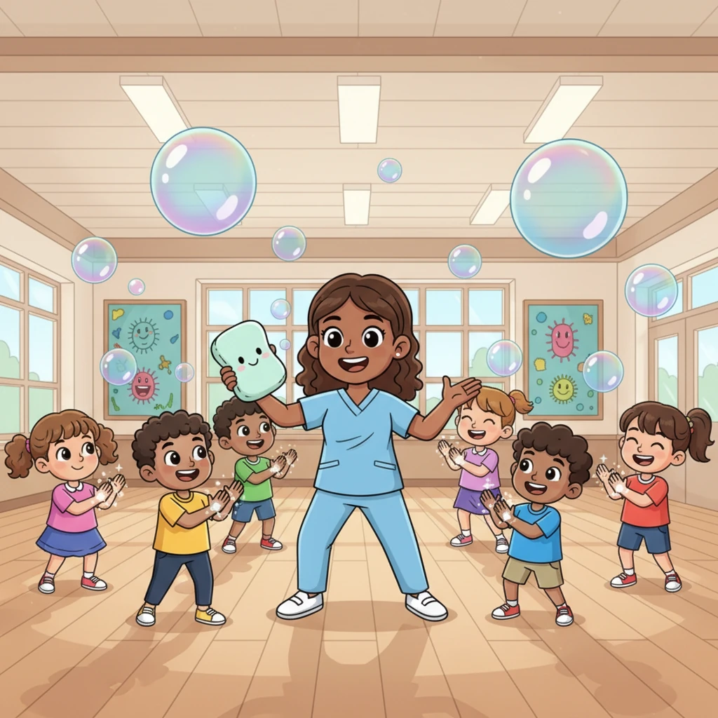 Nurse Lily leads a lively song-and-dance session about washing hands in the school hall. Giant, sparkling soap bubbles float around the children as they mimic scrubbing their hands, learning how to chase away germs with fun movements. Their clean hands sparkle as brightly as their smiles.