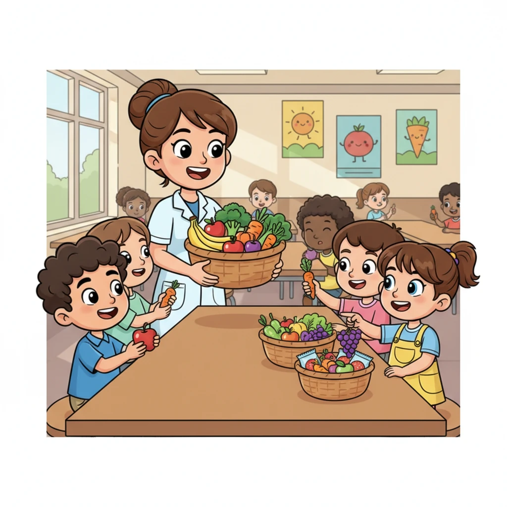 In the bustling school cafeteria, Nurse Lily holds up a basket bursting with colorful fruits and vegetables. She explains how crunchy apples and leafy greens give them energy to play and learn, encouraging everyone to choose healthy snacks with a big, encouraging grin. The children eagerly pick their favorite healthy treats.
