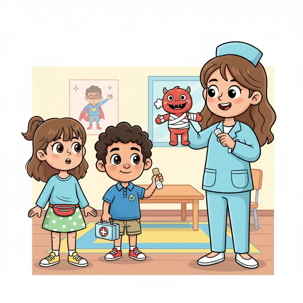 Nurse Lily demonstrates simple first aid using a friendly, wobbly puppet with a bandaged arm. She teaches the children how to be brave helpers for small bumps and scrapes, showing them how to clean a cut and apply a plaster with gentle care. Everyone feels like a superhero helper after her lesson.