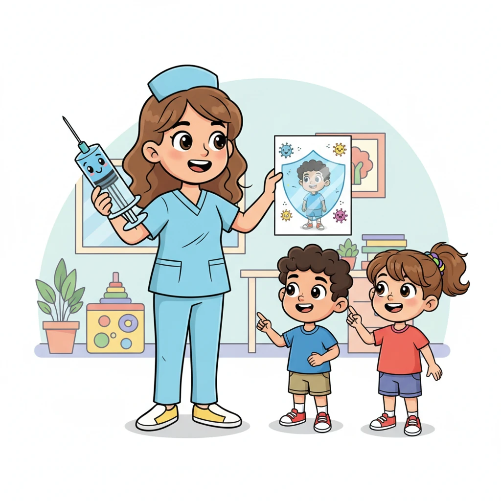 With a big, friendly syringe (not scary at all!), Nurse Lily shows a cartoon drawing of how vaccinations help build invisible shields against germs. She explains that these tiny pokes make them super strong and healthy, ready to tackle any adventure without getting sick. The children understand it helps keep everyone safe.