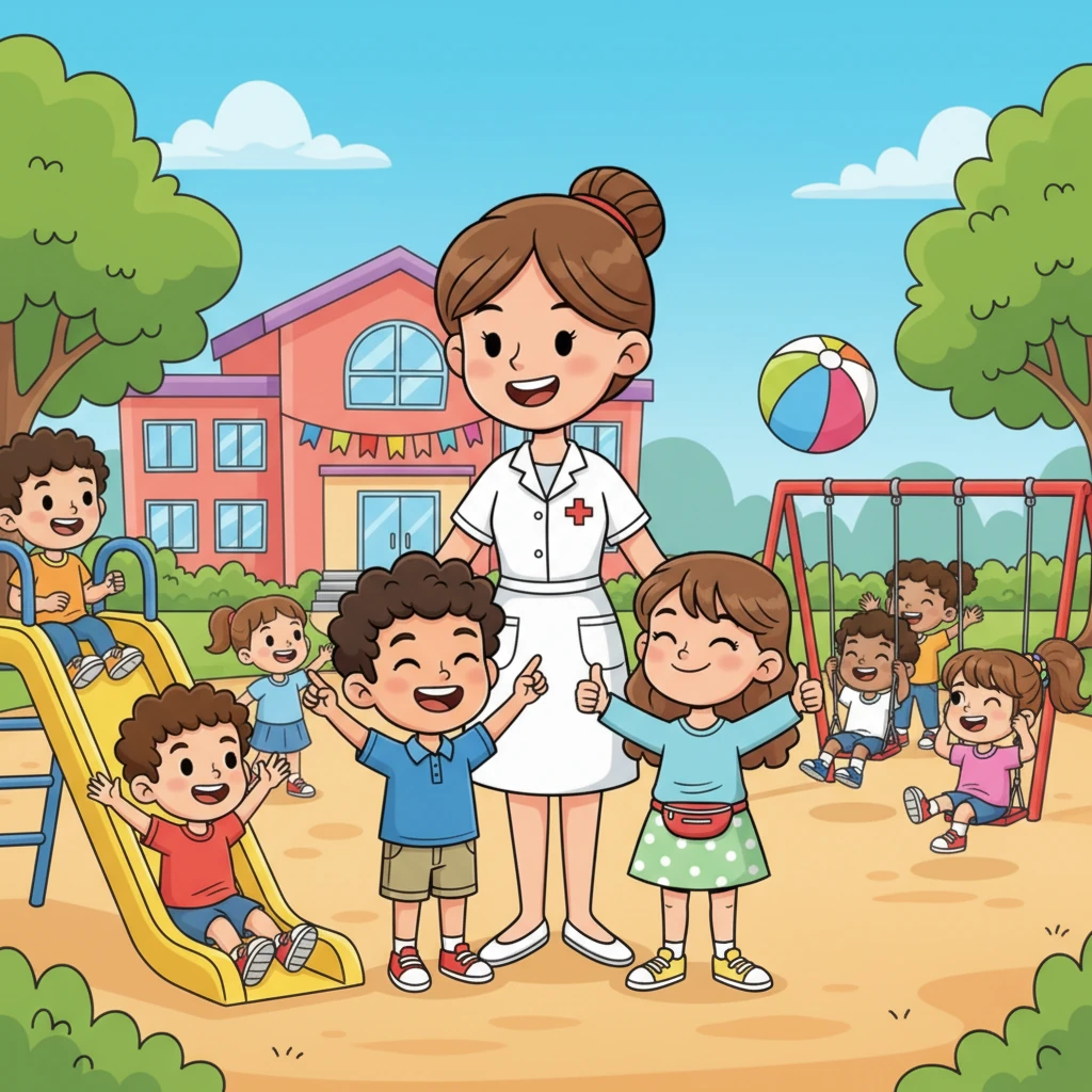 The school grounds are alive with happy, healthy children playing, learning, and laughing together under the watchful, caring eye of Nurse Lily. From clean classrooms to active playgrounds, everyone feels safe and cared for, knowing their school is a wonderful place to grow strong and smart. Nurse Lily beams, proud of her healthy, happy school.