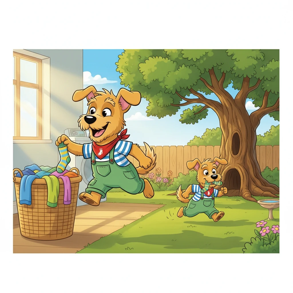One sunny morning, Winston spotted a brightly striped sock peeking out from a laundry basket. With a wag of his tail and a twinkle in his eye, he pounced! He snatched the sock and dashed off to his secret hiding spot under the big oak tree in the backyard, his prize clutched tightly in his jaws.