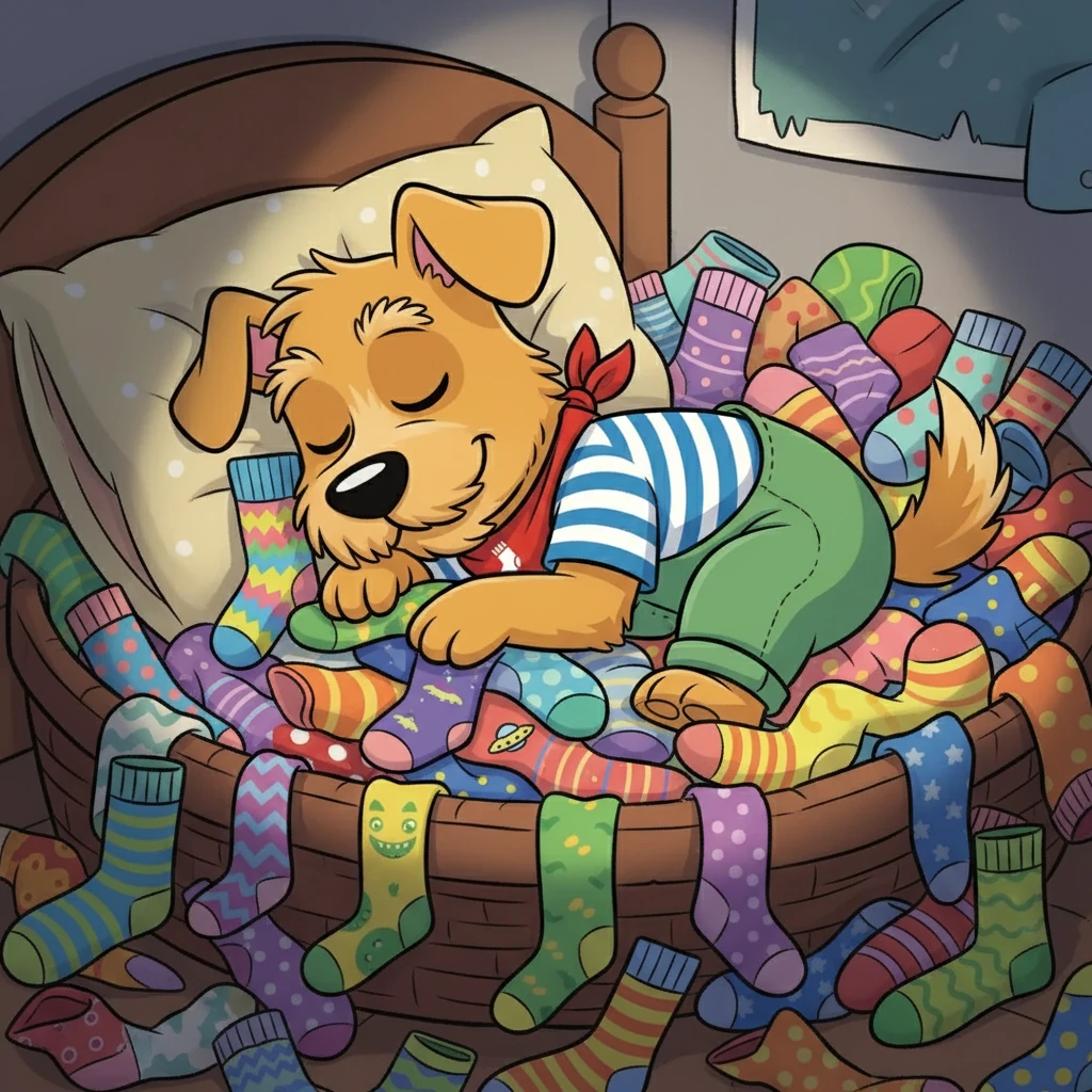 Winston's collection grew with each passing day. He had fuzzy socks, sporty socks, and even a couple of mismatched socks with silly patterns. His hiding spot became a colorful haven of stolen treasures, a testament to his sock-loving obsession. He would often snuggle with them, feeling warm and content.
