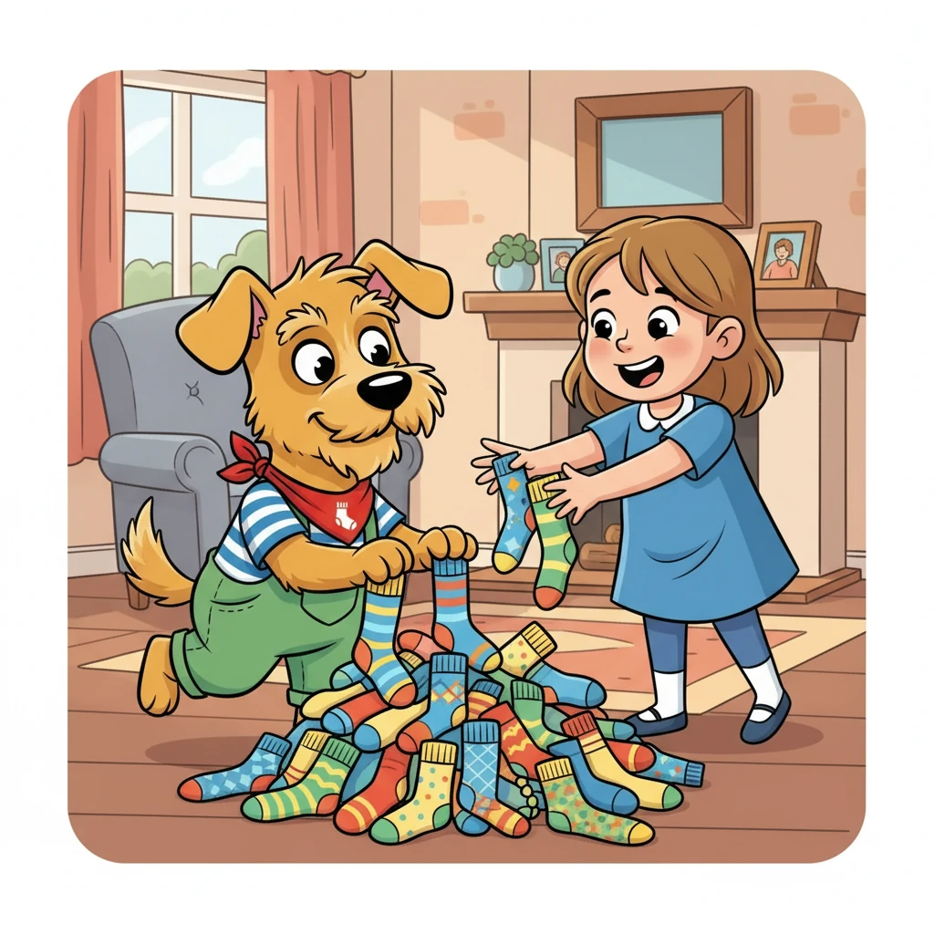 Gathering all his courage, Winston decided to make amends. He trotted over to Lily, dropping a colorful pile of socks at her feet. Lily was surprised at first, but then she burst out laughing, realizing her dog was the culprit. She gently took the socks and gave Winston a big hug.