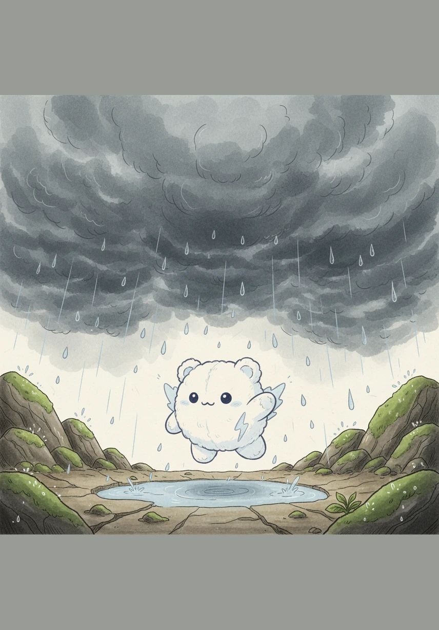 Nimbus watches the giant clouds above him as they turn a deep, heavy grey. With a loud splash and a rhythmic drip-drop, they release a refreshing rain shower onto the thirsty world below.