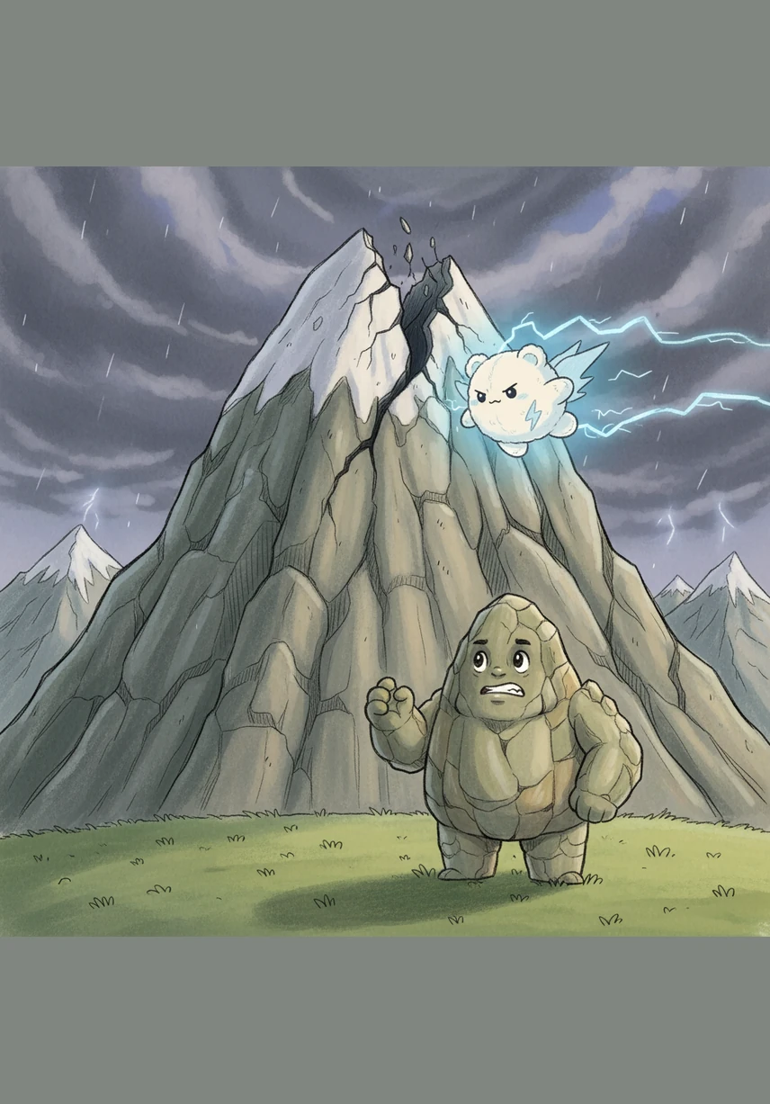 Determined to help, Nimbus puffs out his chest and takes a very deep breath. He stretches and grows until he is big and round, but despite his best efforts, not a single drop of rain falls from his fluffy edges.