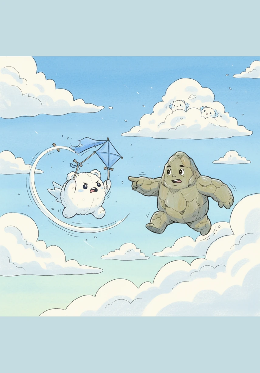 Nimbus tries a different trick, spinning around and around like a dizzy white top in the sky. He whirls faster and faster until he is a blur of white, yet he remains dry and starts to feel a little bit sad.