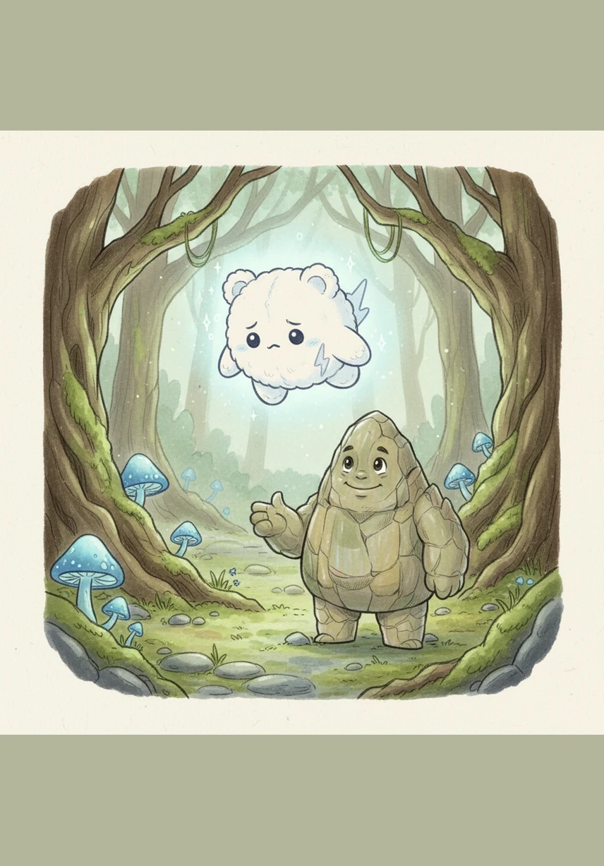 Floating lower toward the earth, Nimbus finds himself hovering near a massive, ancient mountain with a craggy but friendly face. He gathers his courage and whispers a soft hello to the giant stone peak.