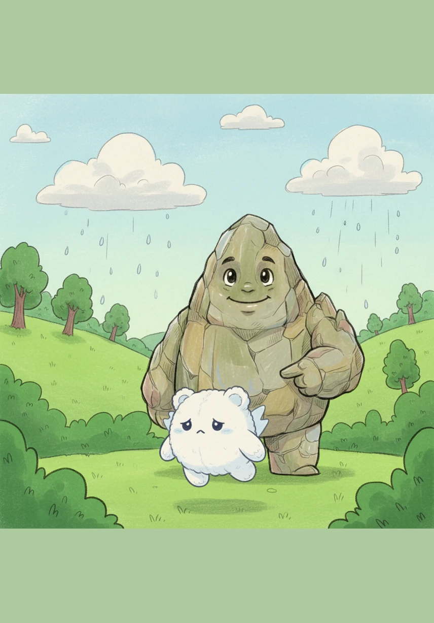 The great mountain rumbles with a deep, kind voice and asks Nimbus why he looks so gloomy. Nimbus sighs and explains that he wants to make big rain splashes like the other clouds, but he just doesn't know how.