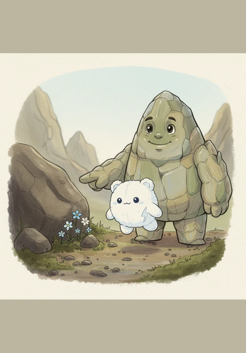 The mountain smiles warmly and points its rocky peak toward a patch of tiny, delicate flowers growing in the shadows. He tells Nimbus that while big clouds bring heavy rain, little clouds like him have their own magical gift.